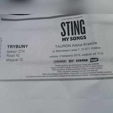 Bilety Sting 2.11.2019 Kraków 