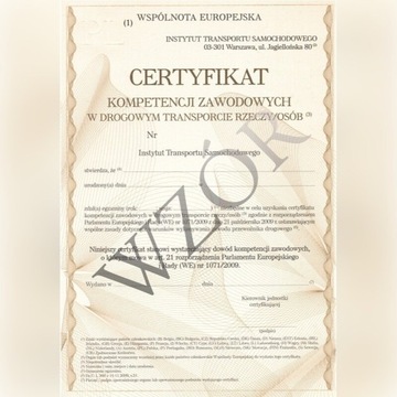 Certyfikat kompetencji  Przewóz Rzeczy LICENCJA