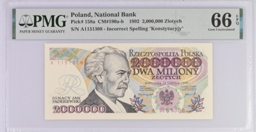 2 mln zł 1992 - ser A - z błędem! - PMG 66 EPQ