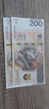 Banknot 200 zł seria BK 2x kolejne numery