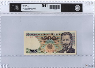 Banknot 200 zł z 1988r. seria EM, UNC w gradingu 68