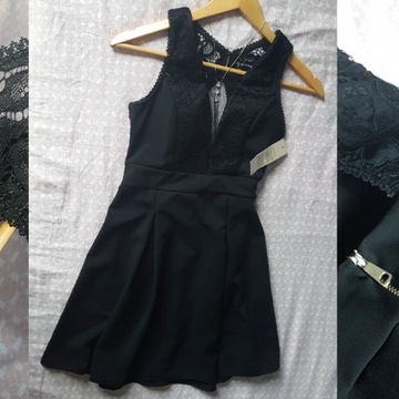 S-M, Nowa Elegancka krótka czarna sukienka koronka