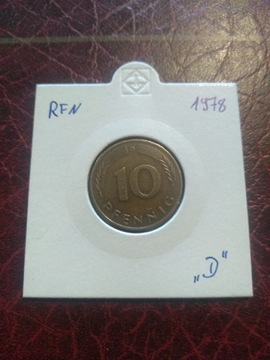 Moneta Niemcy RFN 10 fenigów 1978 D