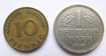 1 marka 1950G i 10 fenigów 1949F 