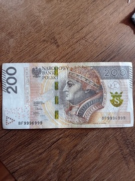 Banknoty 200 pln BF9996999 radar