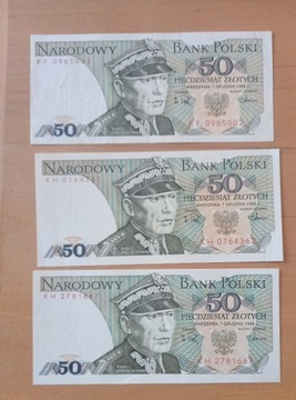 50 zl 1988 x 3 banknoty, KF I KH, UNC-
