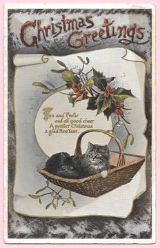 Koty, ostrokrzew na starej świątecznej pocztówce
