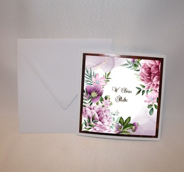 Kartka na Ślub fioletowe kwiaty elegancka