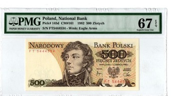 Banknot 500 zł z 1982r. seria FT, UNC w gradingu PMB 67