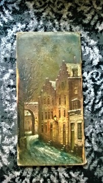 obraz olejny na płótnie miasto nocą 24x50cm