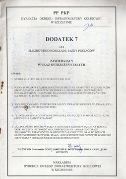 Wykaz ostrzeżeń stałych dodatek 7  1999/2000