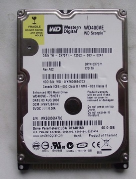 Elektronika z Dysku HDD 40GB WD WD400VE