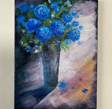 Bukiet niebieskich róż ręcznie malowany akryl