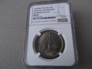 10 zł. 1965 Kolumna Zygmunta  NGC  MS65