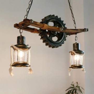 Lampa wisząca retro żyrandol drewno oświetlenie 