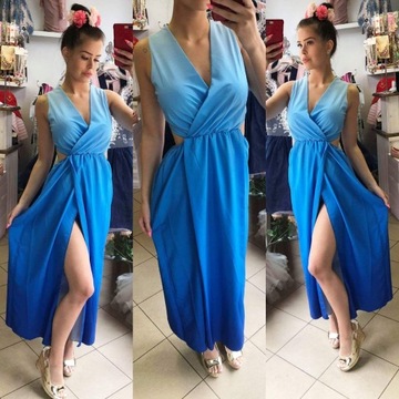 Sexy sukienka długa błękitna XS s m z wycięciem