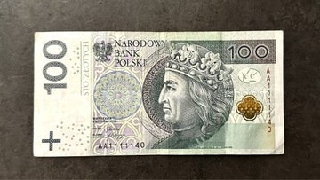 Banknot 100 zł rok 2012 seria i numer AA1111140
