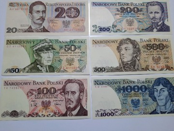 332N' ZESTAW BANKNOTÓW PRL UNC OD 20  DO 1000 ZŁ