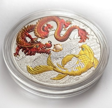 Srebro Moneta DRAGON KOI Smok Chinese Myths Red 4k