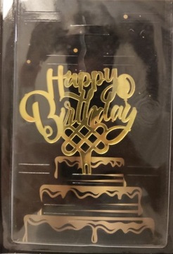 Złoty Topper na tort z świecą (Happy Birthday).