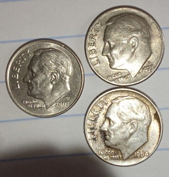 Ameryka 10 centów  r,1973D,2003D,1964