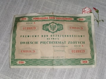 Premiowy bon oszczędnościowy, 250 zł, PKO, PRL.