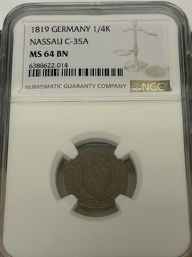 1819 Niemcy 1/4 Kreuzer Nassau NGC MS 64 TOP POP