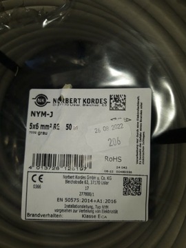 Kabel przewód NYM-J 5x6mm² 50m Waskönig Walter 