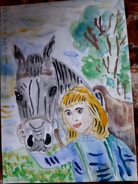 Dziewczynka z koniem akwarela