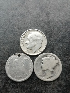 3 x one dime 1872, 1917,64 r. USA merkury 