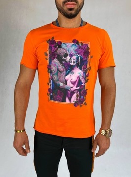 T-Shirt Slim Fit Pomarańczowy Męski S Bang Club 