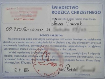 Zaświadczenie dla rodziców chrzestnych 