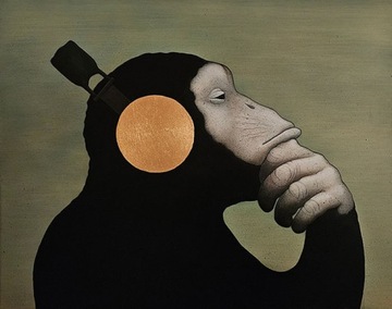 Obraz olejny na płycie 50x40 "Zamyślona małpa"