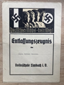 Świadectwo Volkschule BDM Mädel żeńska sekcja Hitlerjugend III Rzesza 1939