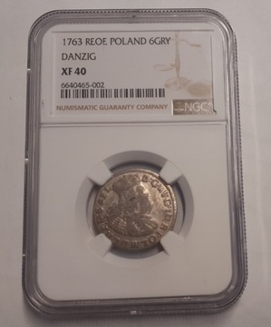 Szóstak August III Sas Gdańsk 1763 REOE NGC XF 40