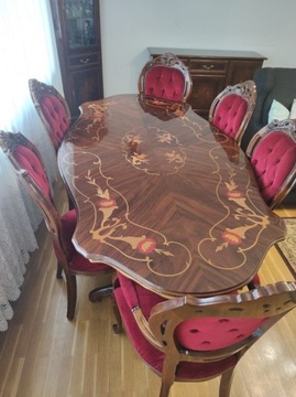 Piękny intarsjowany stół z 8 krzesłami