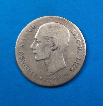 Hiszpania 5 peset, 1878, Alfons XII, srebro 0,900