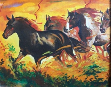Konie "Burza", obraz olejny, certyfikat