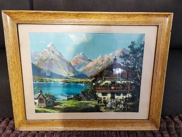 Stary obraz drewniana rama góry jezioro ludzie 