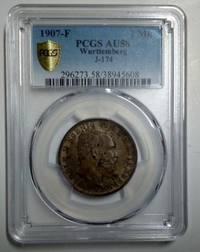 1907 F Niemcy - 2 marki - WURTTEMBERG PCGS AU58