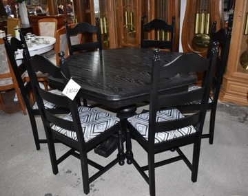 Piękny czarny komplet stół 6-boczny +6krzeseł dąb