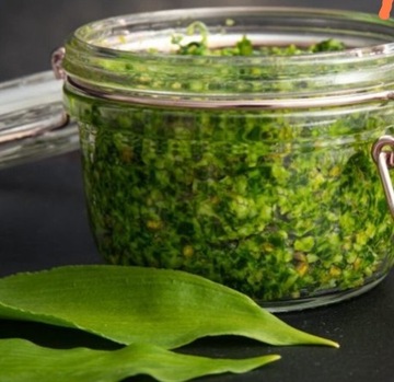 Pesto z czosnku niedźwiedziego z ziarnami i dynią