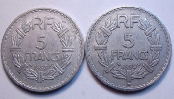 Francja komplet 5 franków 1950 , 1950 B