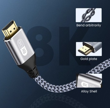 Kabel HDMI 2.1 szybki przewód 8K @ 60Hz 4K @ 120Hz, pleciony-DŁUGOŚĆ 3M
