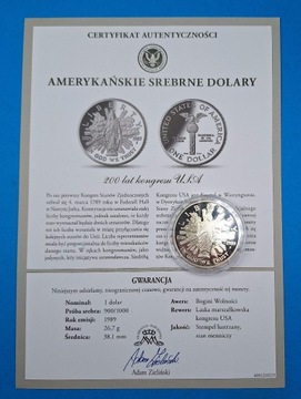 USA 1 dolar 1989, 200 lat Kongresu, srebro 0,900