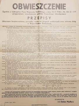 Obwieszczenie o ruchu drogowym Końskie Kielce 1936