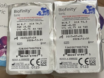 Biofinity toric -6,00, cyl -0,75 2szt