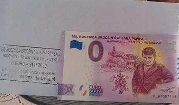 Banknot 0 € młody Wojtyła komplet z 1 dnia emisjj