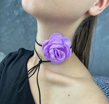 Liliowy choker na szyję mała Róża 6 cm rzemyk