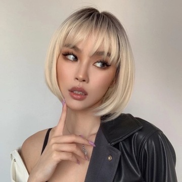 Peruka blond bob z grzywką Włosy Jak naturalne